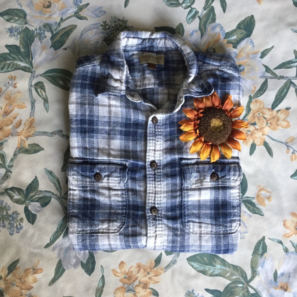 Blue & White Plaid Flannel Long Sleeve Button Down